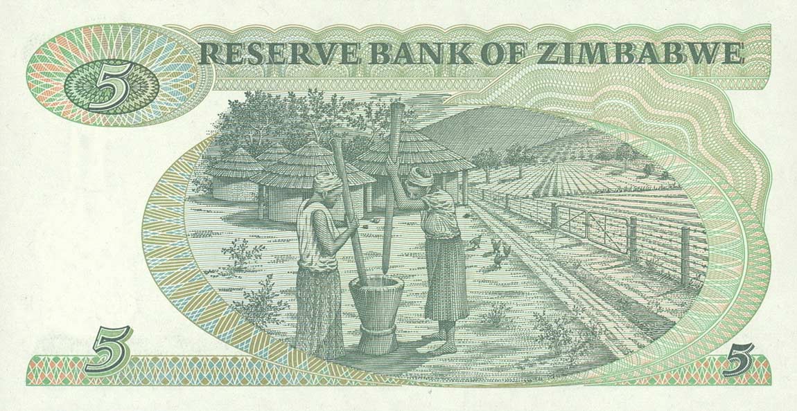 Back of Zimbabwe p2d: 5 Dollars from 1994