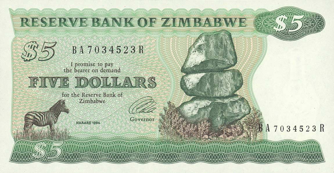 Front of Zimbabwe p2d: 5 Dollars from 1994