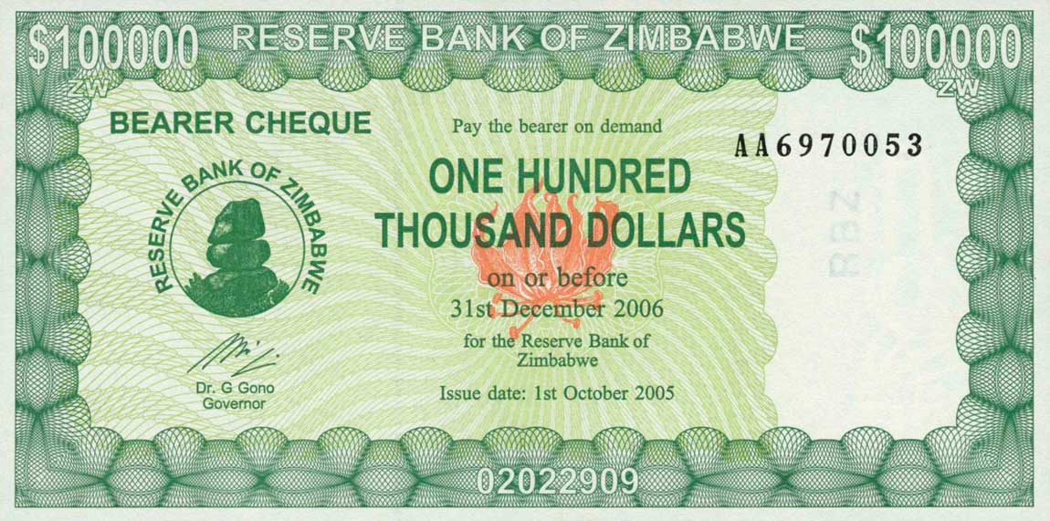 Front of Zimbabwe p31: 100000 Dollars from 2005