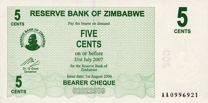 Front of Zimbabwe p34: 5 Cents from 2006