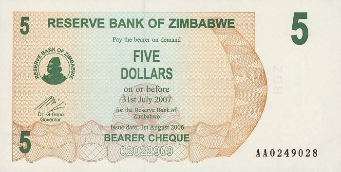 Front of Zimbabwe p38: 5 Dollars from 2006