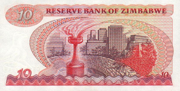 Back of Zimbabwe p3e: 10 Dollars from 1984