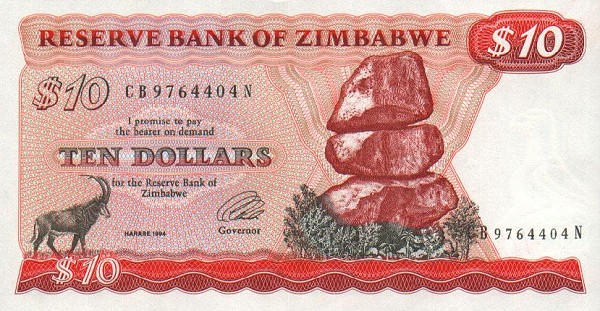Front of Zimbabwe p3e: 10 Dollars from 1984