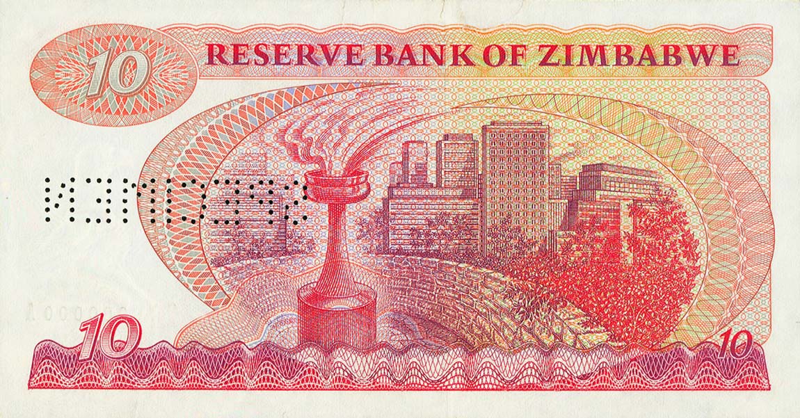 Back of Zimbabwe p3s: 10 Dollars from 1980