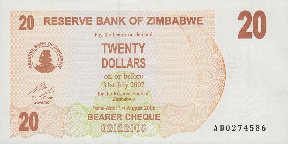 Front of Zimbabwe p40: 20 Dollars from 2006