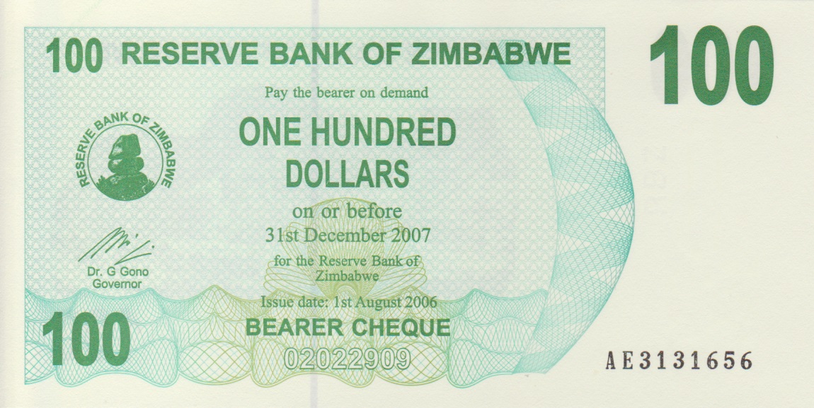 Front of Zimbabwe p42: 100 Dollars from 2006