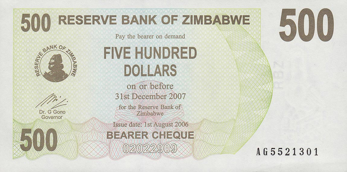 Front of Zimbabwe p43: 500 Dollars from 2006