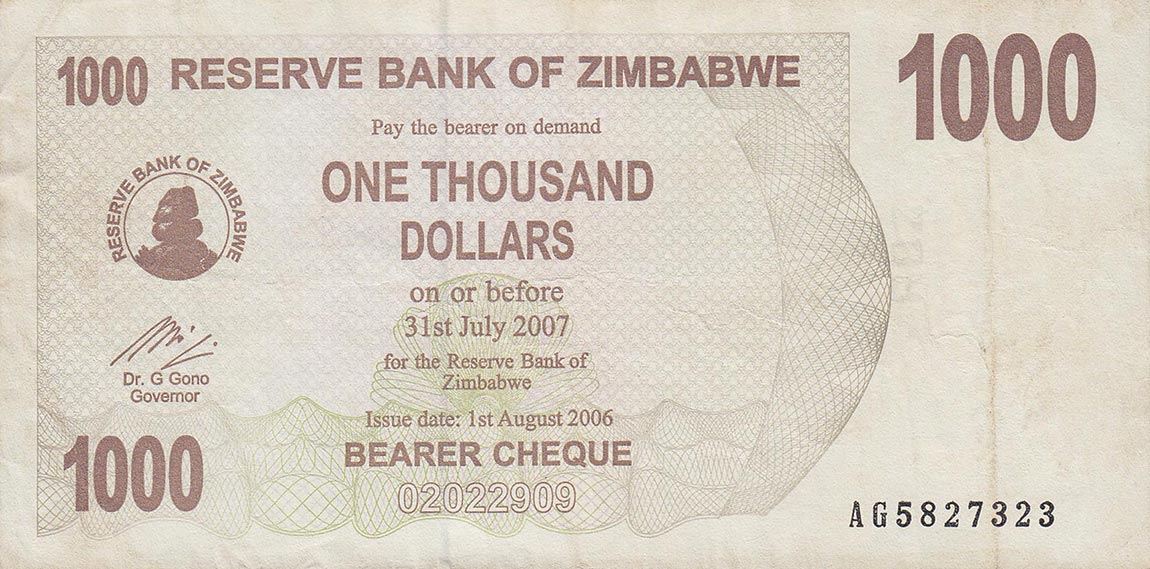 Front of Zimbabwe p44: 1000 Dollars from 2006