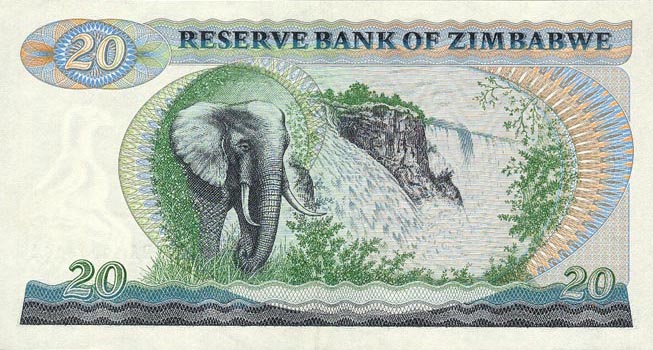 Back of Zimbabwe p4a: 20 Dollars from 1980