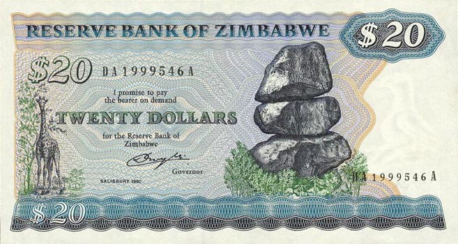 Front of Zimbabwe p4a: 20 Dollars from 1980