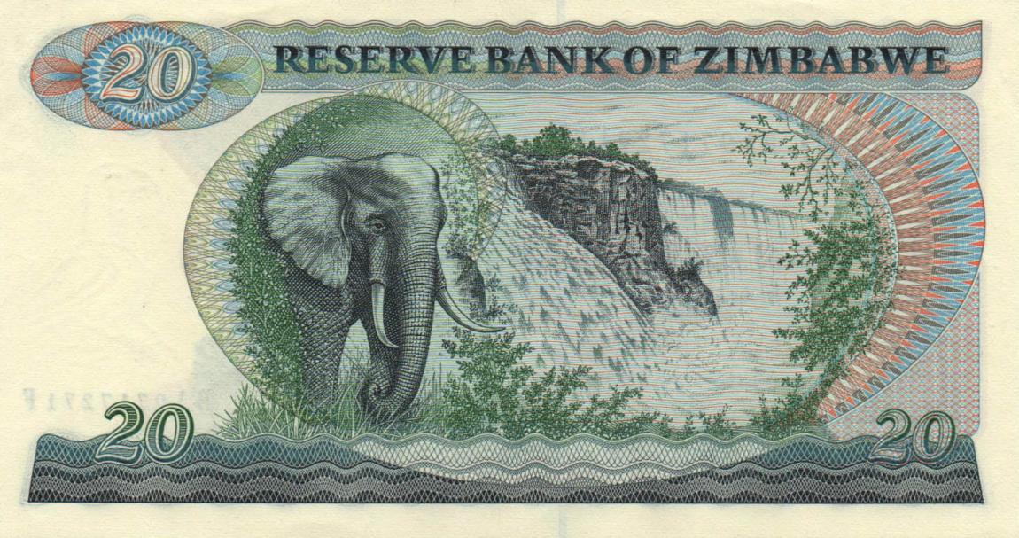 Back of Zimbabwe p4c: 20 Dollars from 1983
