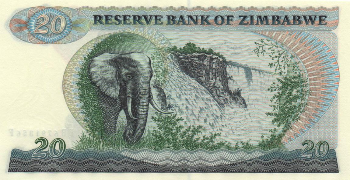 Back of Zimbabwe p4d: 20 Dollars from 1994