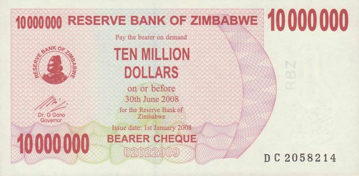 Front of Zimbabwe p55b: 10000000 Dollars from 2008