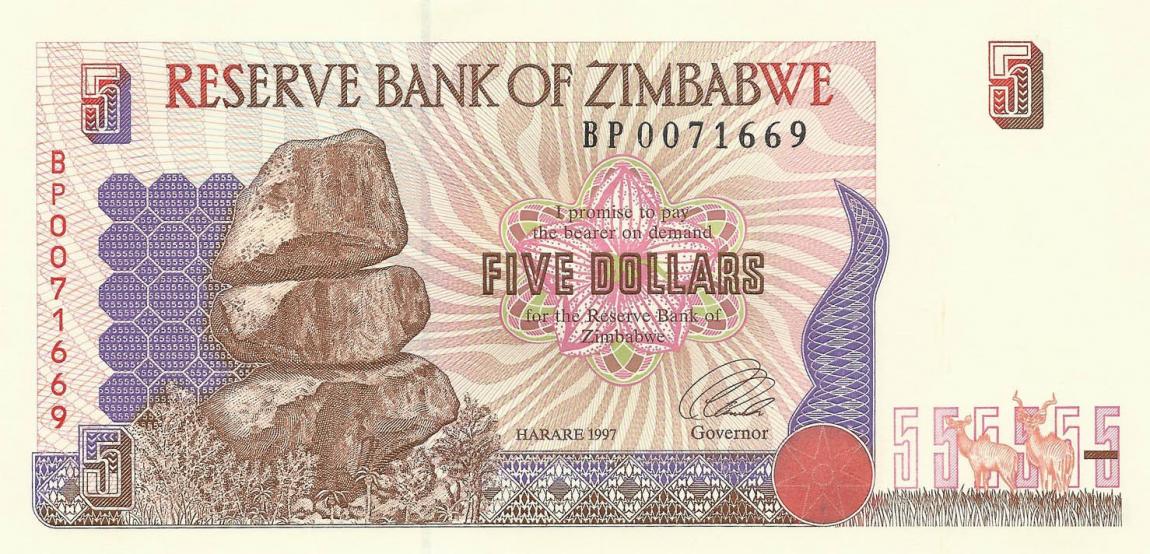 Front of Zimbabwe p5a: 5 Dollars from 1997