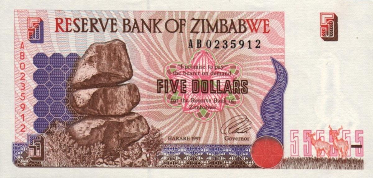 Front of Zimbabwe p5r: 5 Dollars from 1997