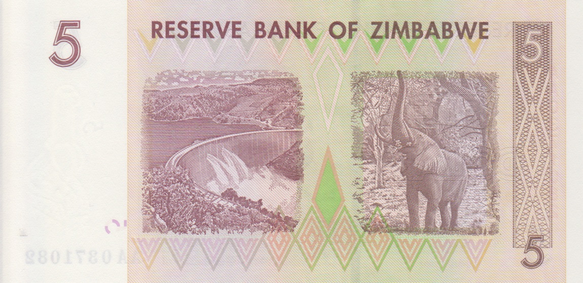 Back of Zimbabwe p66: 5 Dollars from 2007