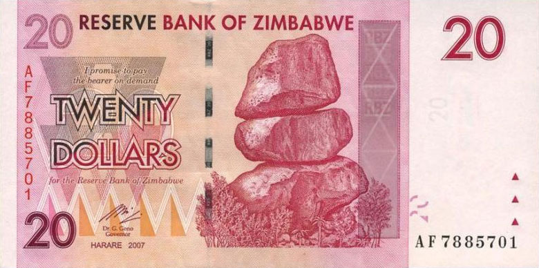Front of Zimbabwe p68: 20 Dollars from 2007