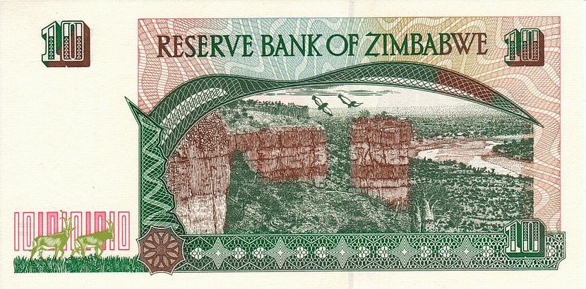 Back of Zimbabwe p6a: 10 Dollars from 1997