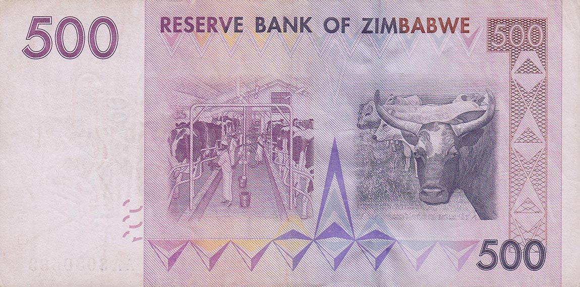 Back of Zimbabwe p70a: 500 Dollars from 2007