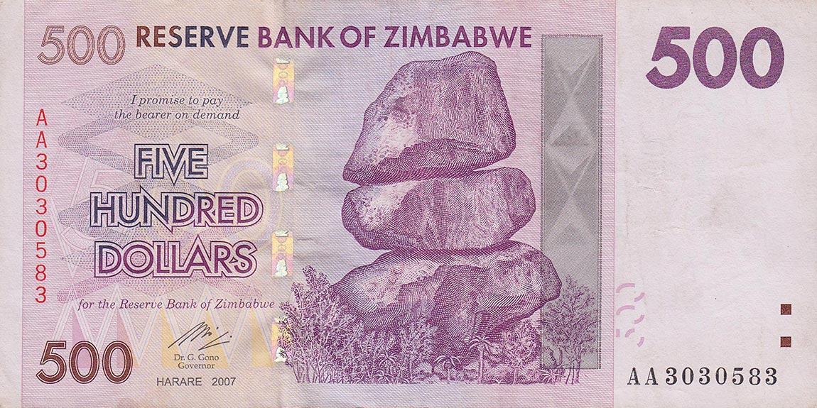 Front of Zimbabwe p70a: 500 Dollars from 2007