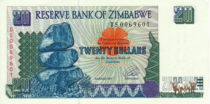 Front of Zimbabwe p7a: 20 Dollars from 1997