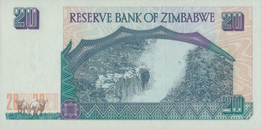 Back of Zimbabwe p7r: 20 Dollars from 1997