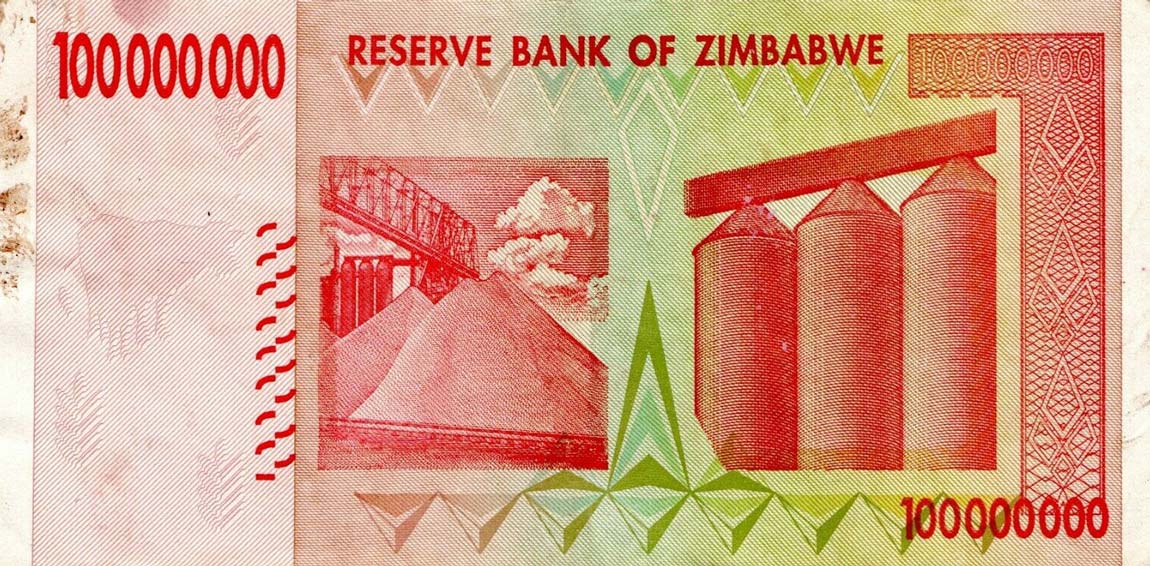 Back of Zimbabwe p80r: 100000000 Dollars from 2008