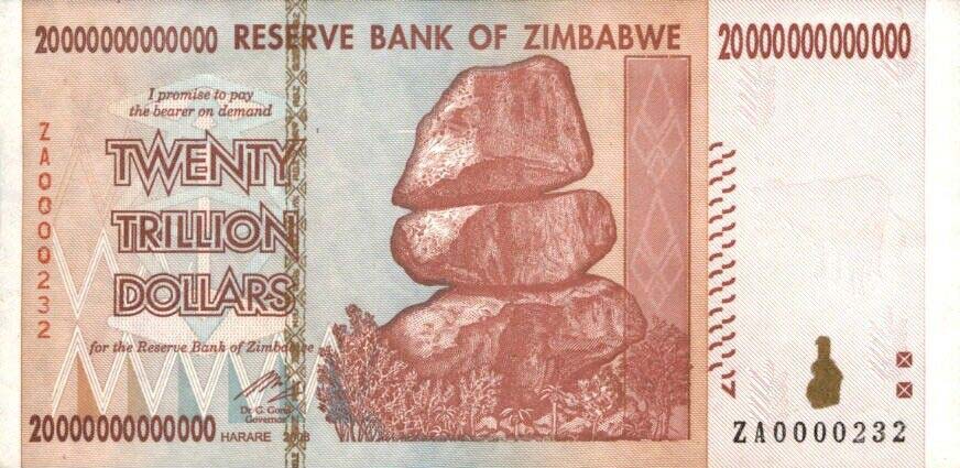 Front of Zimbabwe p89r: 20000000000000 Dollars from 2008