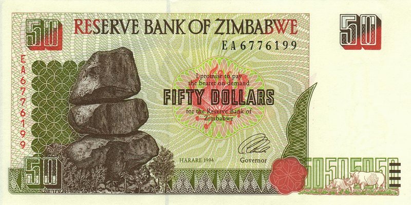 Front of Zimbabwe p8a: 50 Dollars from 1994