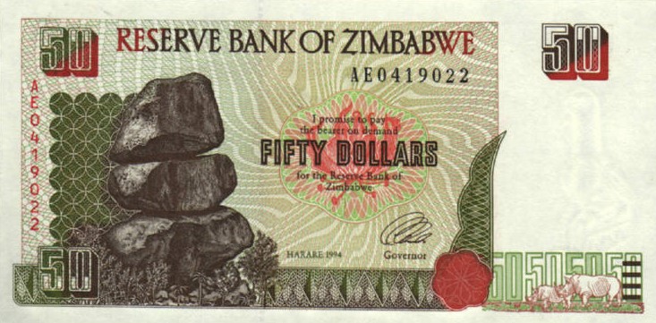 Front of Zimbabwe p8r: 50 Dollars from 1994