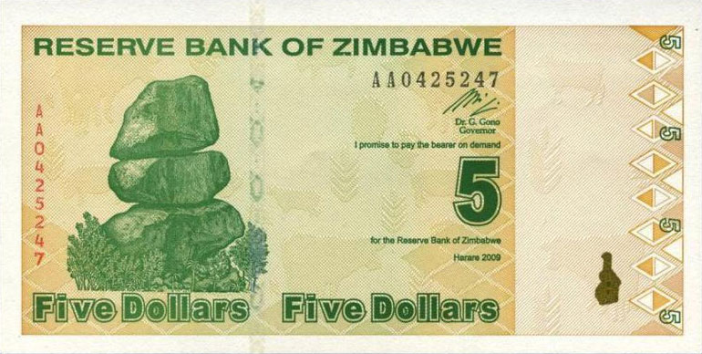 Front of Zimbabwe p93: 5 Dollars from 2009