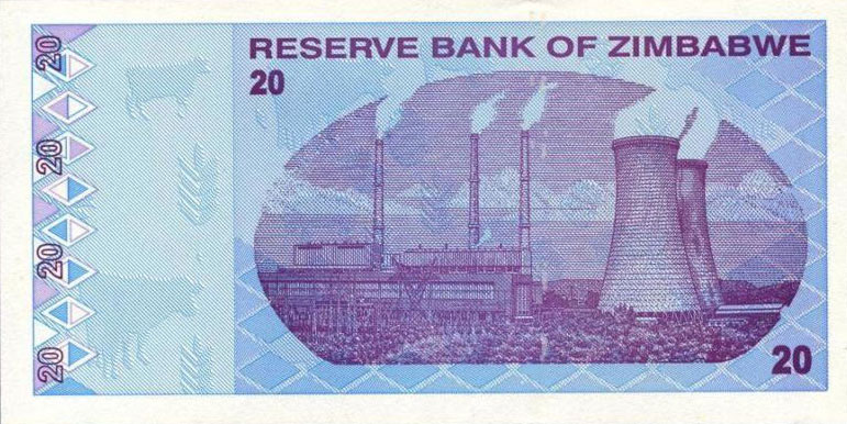 Back of Zimbabwe p95: 20 Dollars from 2009