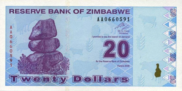 Front of Zimbabwe p95: 20 Dollars from 2009