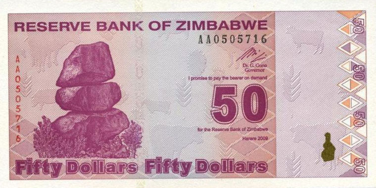 Front of Zimbabwe p96: 50 Dollars from 2009