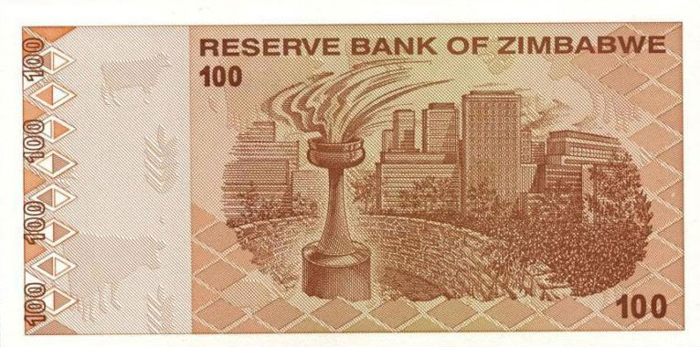 Back of Zimbabwe p97: 100 Dollars from 2009