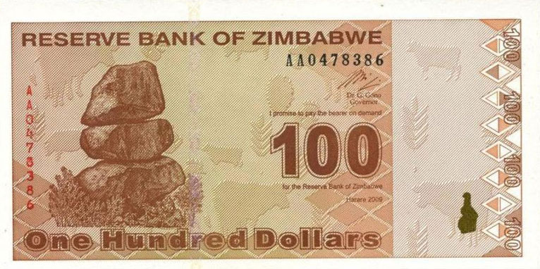 Front of Zimbabwe p97: 100 Dollars from 2009