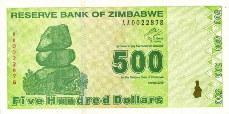 Back of Zimbabwe p98: 500 Dollars from 2009