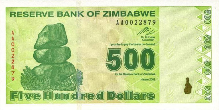 Front of Zimbabwe p98: 500 Dollars from 2009