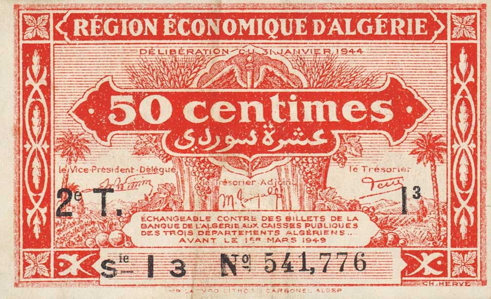 Front of Algeria p100: 50 Centimes from 1944