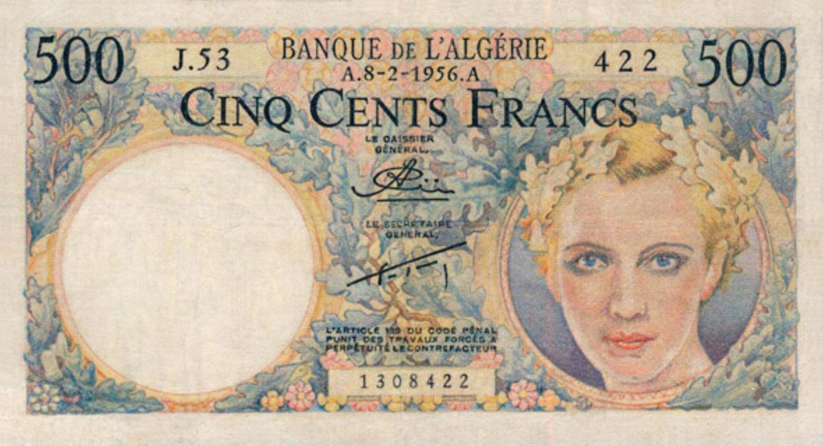 Front of Algeria p116a: 500 Francs from 1956