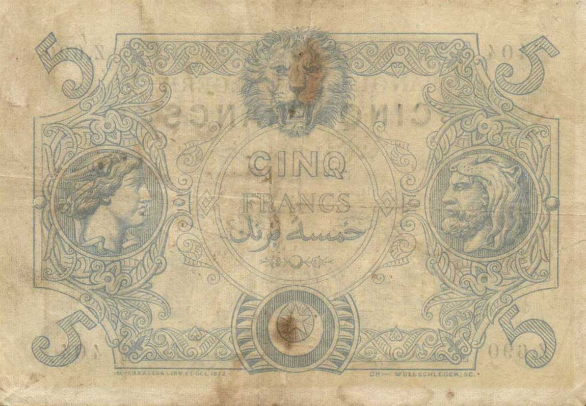 Back of Algeria p71a: 5 Francs from 1909