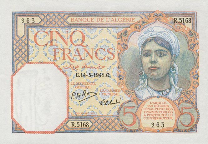 Front of Algeria p77b: 5 Francs from 1941