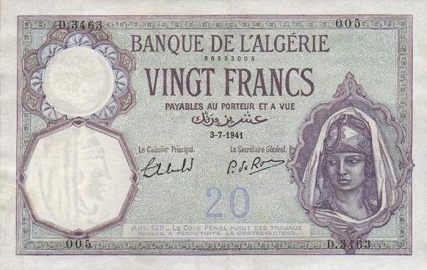Front of Algeria p78c: 20 Francs from 1933