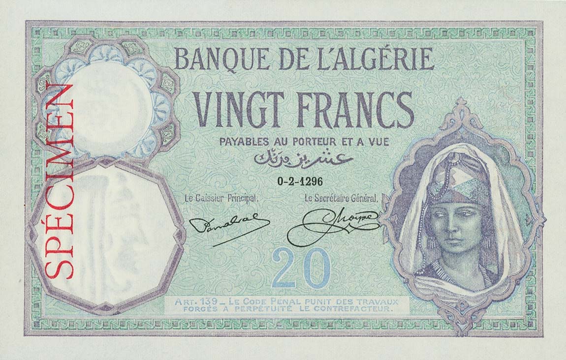 Front of Algeria p78s: 20 Francs from 1914