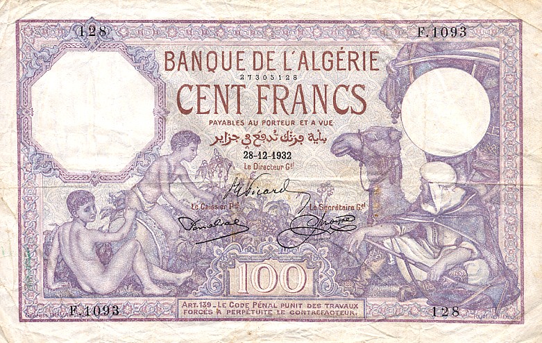 Front of Algeria p81b: 100 Francs from 1928