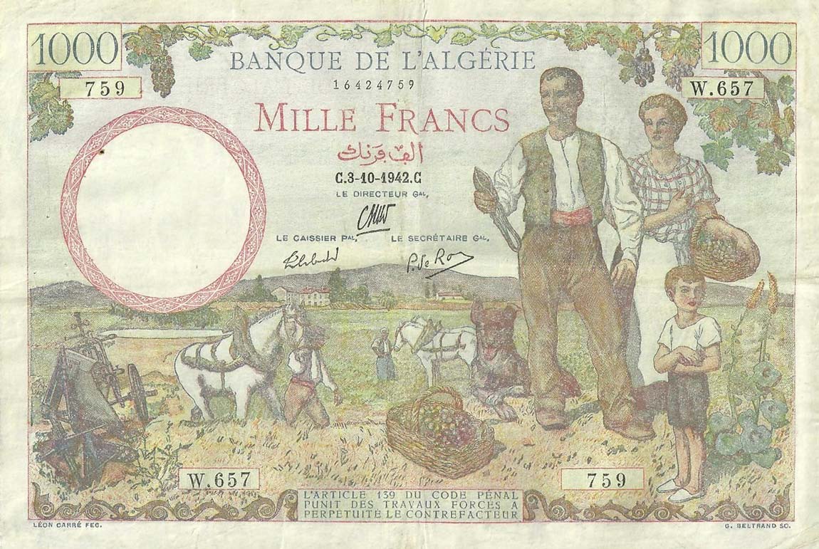 Front of Algeria p89a: 1000 Francs from 1942