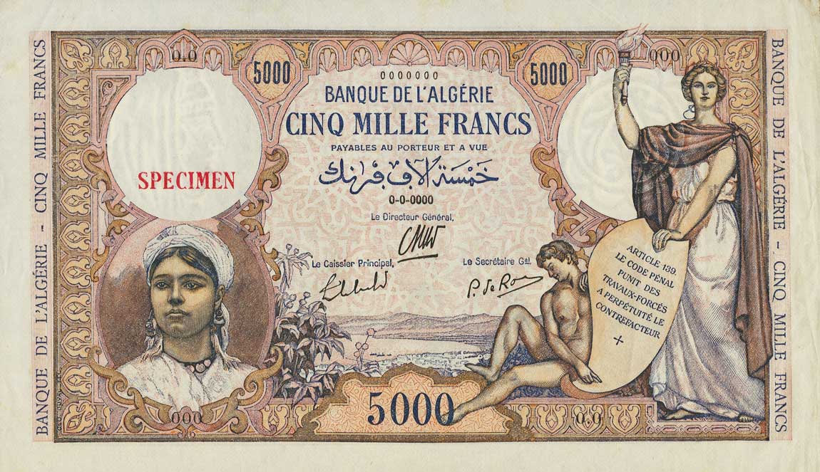 Front of Algeria p90s: 5000 Francs from 1942