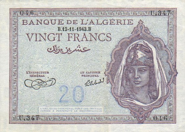 Front of Algeria p92a: 20 Francs from 1942