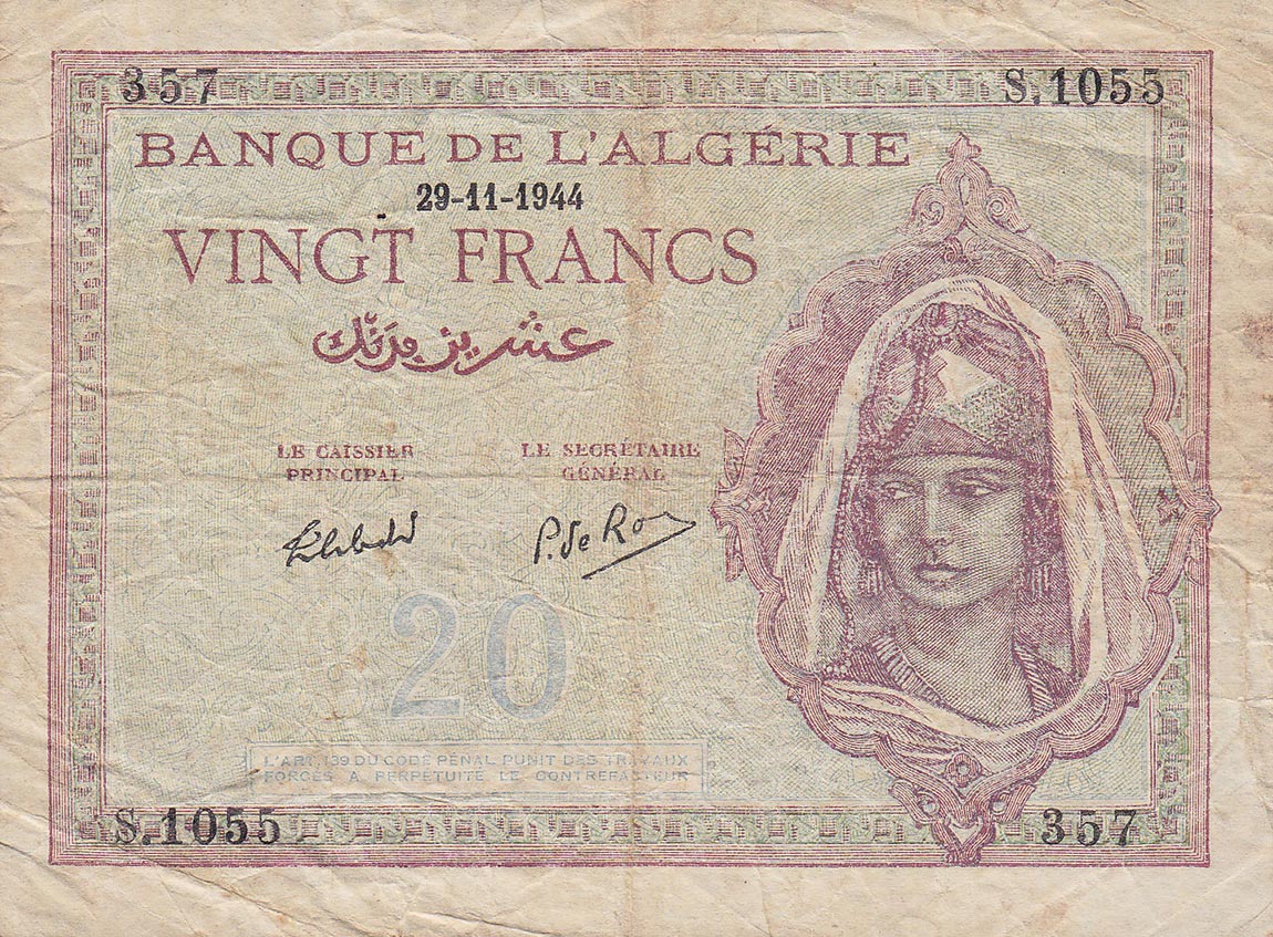 Front of Algeria p92b: 20 Francs from 1944