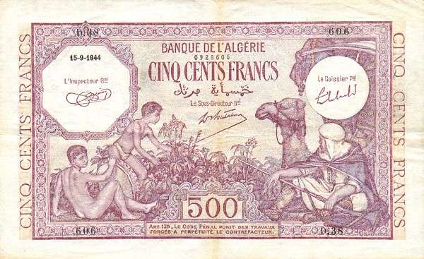 Front of Algeria p95a: 500 Francs from 1944